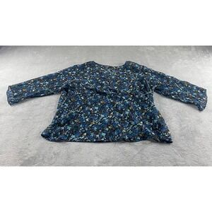 Elementz Woman 2X Blue Floral Faux Wrap V-Neck 3/4 Bell Sleeve Chiffon Blouse